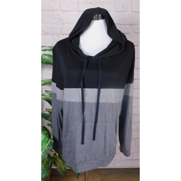 Lightweight Colorblock Hooded Sweatshirt Black Gray Pullover Large - Picture 1 of 12